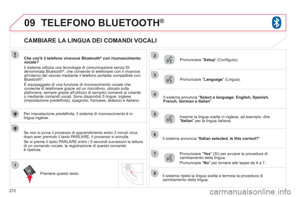 CITROEN C3 AIRCROSS 2013  Libretti Di Uso E manutenzione (in Italian) 272
1
2
3
09
4
5
6
7
8
   
 
 
 
 
 
 
 
 
 
 
 
 
 
CAMBIARE LA LINGUA DEI COMANDI VOCALI 
TELEFONO BLUETOOTH®
 
 
Per impostazione predefinita, il sistema di riconoscimento è inlingua inglese.
Pre