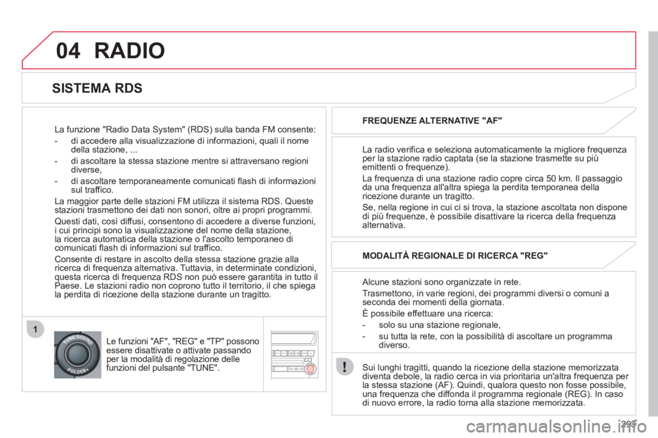 CITROEN C3 AIRCROSS 2013 Libretti Di Uso E manutenzione (in Italian) 293
04
1
RADIO
La funzione "Radio Data System" (RDS) sulla banda FM consente:
- di accedere alla visualizzazione di in
formazioni, quali il nome della stazione, ...
- di ascoltare CITROEN C3 AIRCROSS 2013 Libretti Di Uso E manutenzione (in Italian) 293
04
1
RADIO
La funzione "Radio Data System" (RDS) sulla banda FM consente:
- di accedere alla visualizzazione di in
formazioni, quali il nome della stazione, ...
- di ascoltare