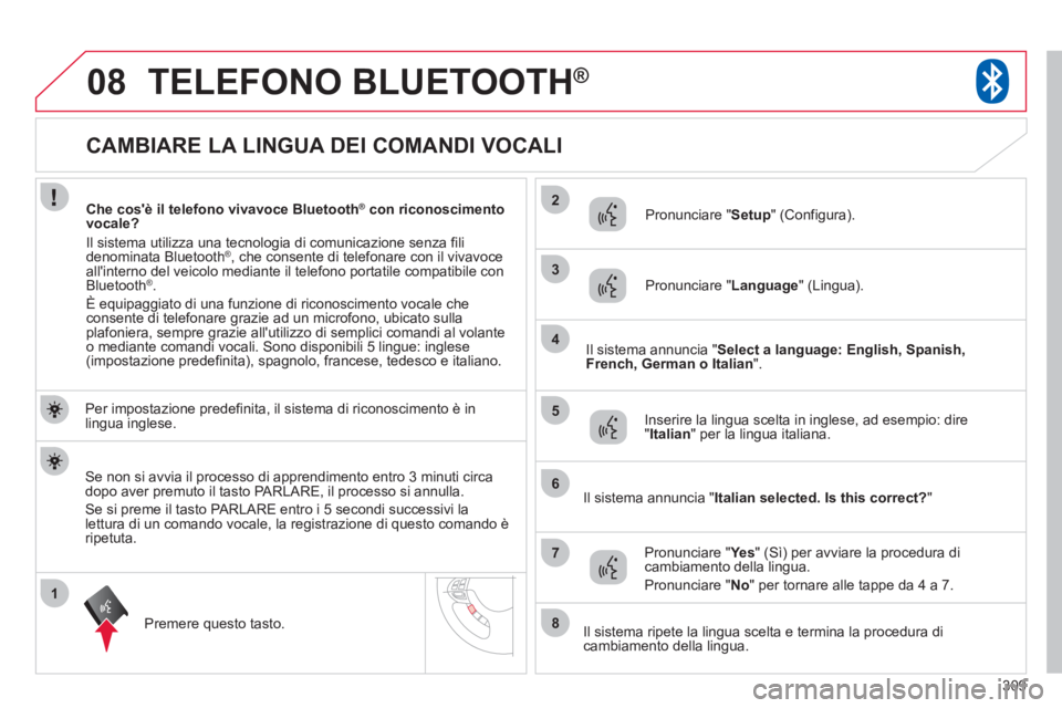 CITROEN C3 AIRCROSS 2013 Libretti Di Uso E manutenzione (in Italian) 309
1
2
3
08
4
5
6
7
8
CAMBIARE LA LINGUA DEI COMANDI VOCALI
TELEFONO BLUETOOTH®
Per impostazione predefinita, il sistema di riconoscimento è in
lingua ing CITROEN C3 AIRCROSS 2013 Libretti Di Uso E manutenzione (in Italian) 309
1
2
3
08
4
5
6
7
8
CAMBIARE LA LINGUA DEI COMANDI VOCALI
TELEFONO BLUETOOTH®
Per impostazione predefinita, il sistema di riconoscimento è in
lingua ing