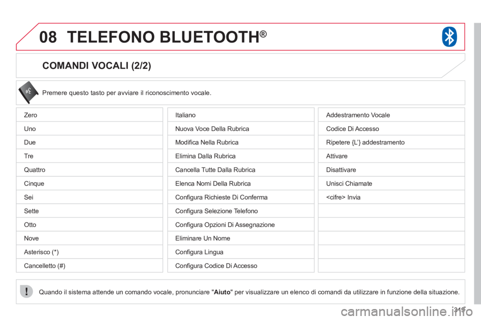 CITROEN C3 AIRCROSS 2013 Libretti Di Uso E manutenzione (in Italian) 319
08TELEFONO BLUETOOTH®
COMANDI VOCALI (2/2)
Premere questo tasto per avviare il riconoscimento vocale.
Quando il sistema attende un comando vocale, pronunciare " Aiuto
" per visualizzare CITROEN C3 AIRCROSS 2013 Libretti Di Uso E manutenzione (in Italian) 319
08TELEFONO BLUETOOTH®
COMANDI VOCALI (2/2)
Premere questo tasto per avviare il riconoscimento vocale.
Quando il sistema attende un comando vocale, pronunciare " Aiuto
" per visualizzare