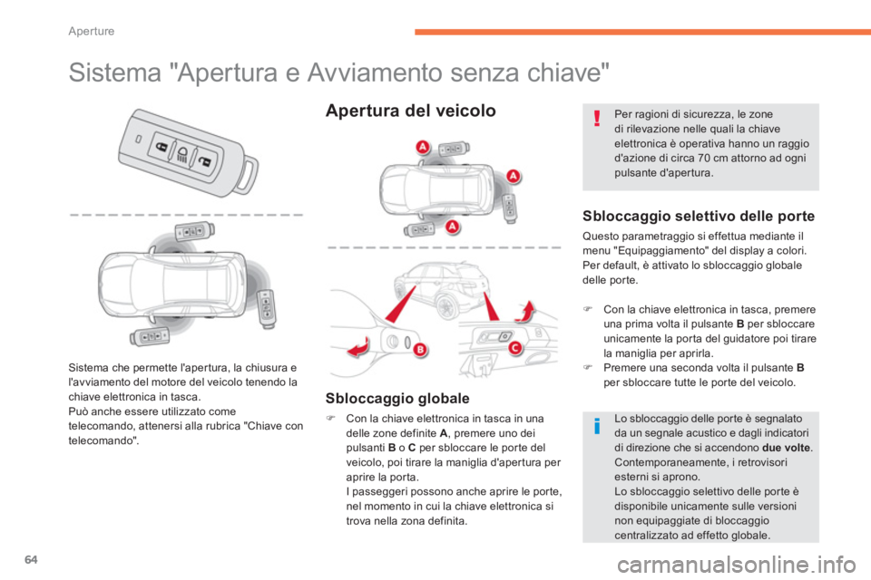 CITROEN C3 AIRCROSS 2013  Libretti Di Uso E manutenzione (in Italian) 64
Aperture
   
 
 
 
 
 
 
 
 
 
 
 
 
 
 
 
 
 
 
 
 
 
 
Sistema "Apertura e Avviamento senza chiave" 
 
 
Sbloccaggio selettivo delle porte 
 Questo parametraggio si effettua mediante ilmenu "Equi
