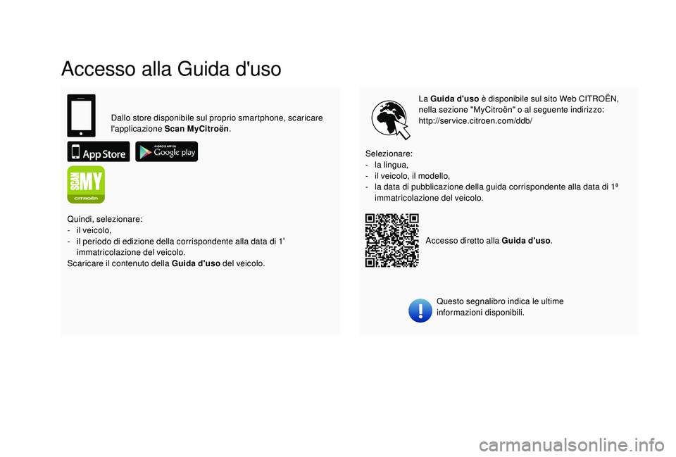 CITROEN C4 CACTUS 2019 Libretti Di Uso E manutenzione (in Italian) Accesso alla Guida d'uso
La Guida d'uso è disponibile sul sito Web CITROËN,
nella sezione "MyCitroën" o al seguente indirizzo:
http://service.citroen.com/ddb/
Questo segnalibro ind CITROEN C4 CACTUS 2019 Libretti Di Uso E manutenzione (in Italian) Accesso alla Guida d'uso
La Guida d'uso è disponibile sul sito Web CITROËN,
nella sezione "MyCitroën" o al seguente indirizzo:
http://service.citroen.com/ddb/
Questo segnalibro ind