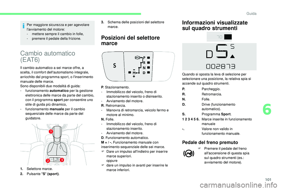 CITROEN C4 CACTUS 2019 Libretti Di Uso E manutenzione (in Italian) 101
Per maggiore sicurezza e per agevolare
l'avviamento del motore:
-
m
ettere sempre il cambio in folle,
-
p
remere il pedale della frizione.
Cambio automatico
( E AT 6)
Il cambio automati CITROEN C4 CACTUS 2019 Libretti Di Uso E manutenzione (in Italian) 101
Per maggiore sicurezza e per agevolare
l'avviamento del motore:
-
m
ettere sempre il cambio in folle,
-
p
remere il pedale della frizione.
Cambio automatico
( E AT 6)
Il cambio automati