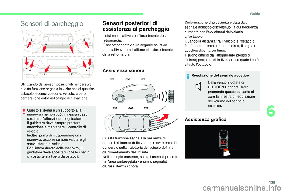 CITROEN C4 CACTUS 2019 Libretti Di Uso E manutenzione (in Italian) 125
Sensori di parcheggio
Questo sistema è un supporto alla
manovra che non può, in nessun caso,
sostituire l'attenzione del guidatore.
Il guidatore deve sempre prestare
attenzione e mantener CITROEN C4 CACTUS 2019 Libretti Di Uso E manutenzione (in Italian) 125
Sensori di parcheggio
Questo sistema è un supporto alla
manovra che non può, in nessun caso,
sostituire l'attenzione del guidatore.
Il guidatore deve sempre prestare
attenzione e mantener