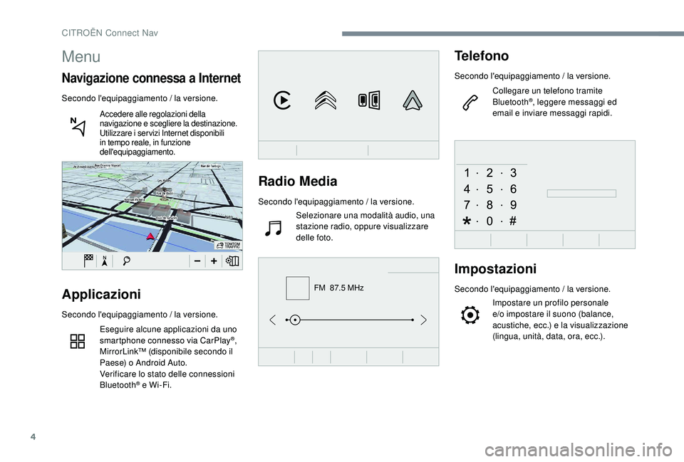 CITROEN C4 CACTUS 2019 Libretti Di Uso E manutenzione (in Italian) 4
FM 87.5 MHz
Radio Media
Secondo l'equipaggiamento / la versione.Selezionare una modalità audio, una
stazione radio, oppure visualizzare
delle foto.
Telefono
Secondo l'equipaggiamento / l CITROEN C4 CACTUS 2019 Libretti Di Uso E manutenzione (in Italian) 4
FM 87.5 MHz
Radio Media
Secondo l'equipaggiamento / la versione.Selezionare una modalità audio, una
stazione radio, oppure visualizzare
delle foto.
Telefono
Secondo l'equipaggiamento / l