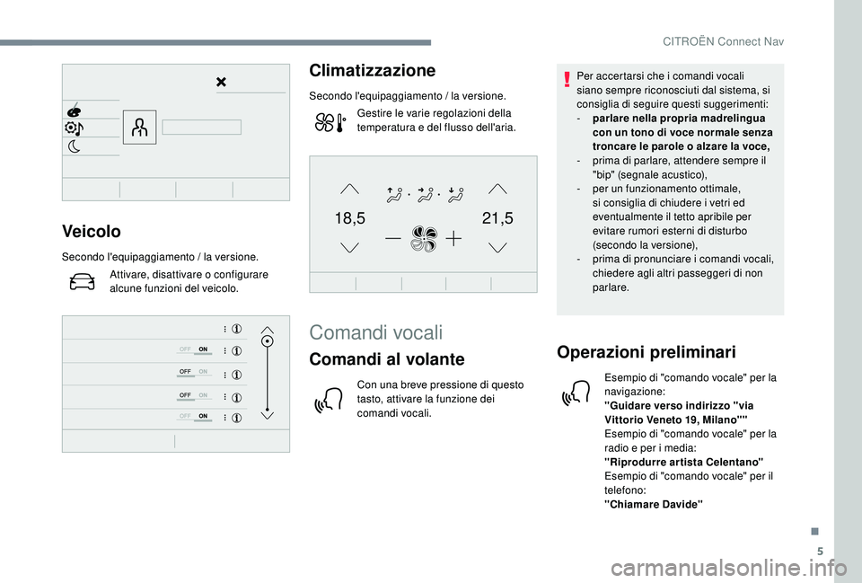 CITROEN C4 CACTUS 2019 Libretti Di Uso E manutenzione (in Italian) 5
21,518,5Veicolo
Secondo l'equipaggiamento / la versione.Attivare, disattivare o configurare
alcune funzioni del veicolo.
Climatizzazione
Secondo l'equipaggiamento / la versione.Gestire le v CITROEN C4 CACTUS 2019 Libretti Di Uso E manutenzione (in Italian) 5
21,518,5Veicolo
Secondo l'equipaggiamento / la versione.Attivare, disattivare o configurare
alcune funzioni del veicolo.
Climatizzazione
Secondo l'equipaggiamento / la versione.Gestire le v