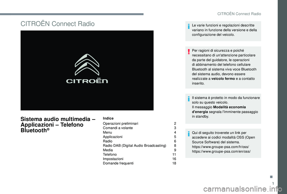 CITROEN C4 CACTUS 2019 Libretti Di Uso E manutenzione (in Italian) 1
CITROËN Connect Radio
Sistema audio multimedia –
Applicazioni – Telefono
Bluetooth
®
Indice
Operazioni preliminari
2
C
omandi a volante
3
M
enu
4
A
pplicazioni
5
R
adio
6 CITROEN C4 CACTUS 2019 Libretti Di Uso E manutenzione (in Italian) 1
CITROËN Connect Radio
Sistema audio multimedia –
Applicazioni – Telefono
Bluetooth
®
Indice
Operazioni preliminari
2
C
omandi a volante
3
M
enu
4
A
pplicazioni
5
R
adio
6