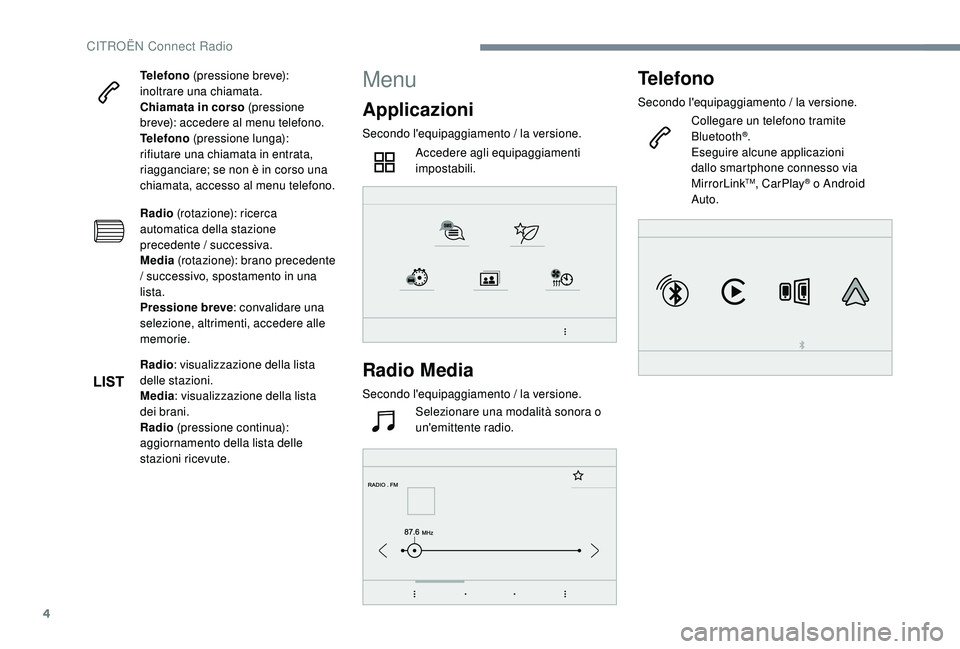 CITROEN C4 CACTUS 2019 Libretti Di Uso E manutenzione (in Italian) 4
Telefono (pressione breve):
inoltrare una chiamata.
Chiamata in corso (pressione
breve): accedere al menu telefono.
Telefono (pressione lunga):
rifiutare una chiamata in entrata,
riagganciare; CITROEN C4 CACTUS 2019 Libretti Di Uso E manutenzione (in Italian) 4
Telefono (pressione breve):
inoltrare una chiamata.
Chiamata in corso (pressione
breve): accedere al menu telefono.
Telefono (pressione lunga):
rifiutare una chiamata in entrata,
riagganciare;