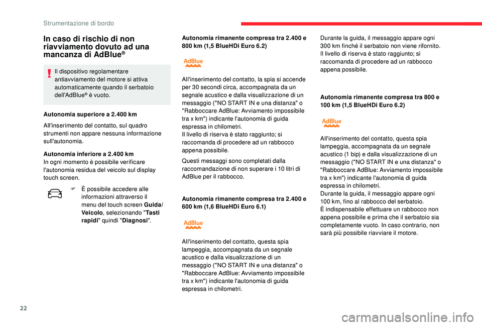 CITROEN C4 CACTUS 2019  Libretti Di Uso E manutenzione (in Italian) 22
Autonomia rimanente compresa tra 2.400 e 
600  km (1,6 BlueHDi Euro 6.1) Autonomia rimanente compresa tra 800 e 
100
  km (1,5 BlueHDi Euro 6.2)
In caso di rischio di non 
riavviamento dovuto ad un