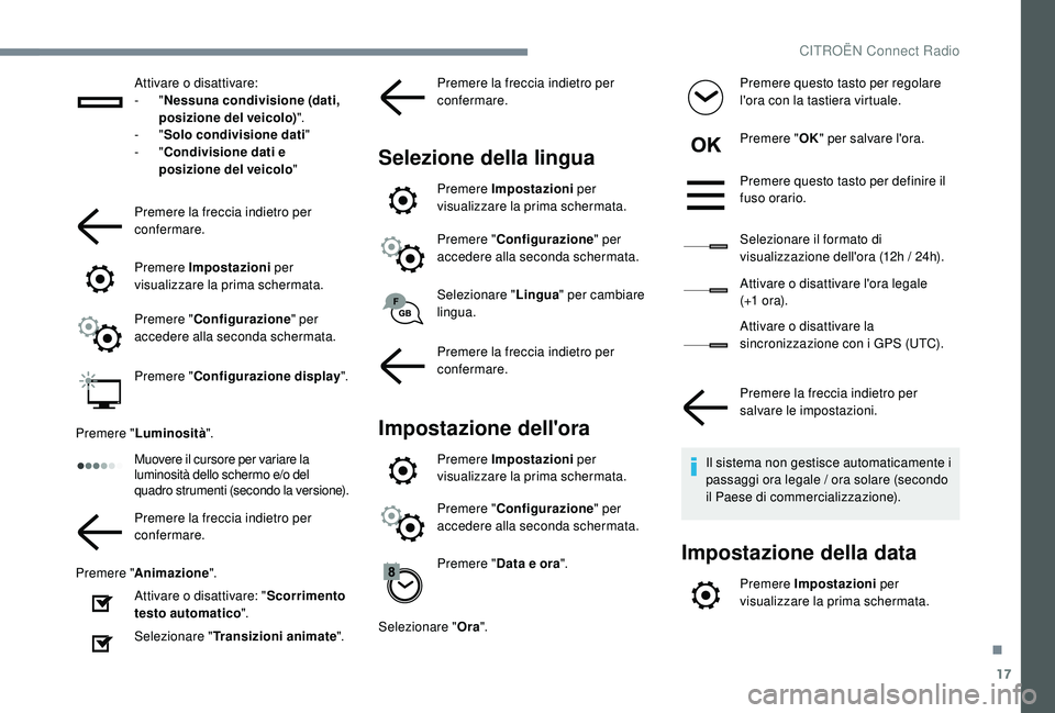 CITROEN C4 CACTUS 2019  Libretti Di Uso E manutenzione (in Italian) 17
Attivare o disattivare:
-  "Nessuna condivisione (dati, 
posizione del veicolo) ".
-
  "Solo condivisione dati"
-
  "Condivisione dati e 
posizione del veicolo "
Premere la 