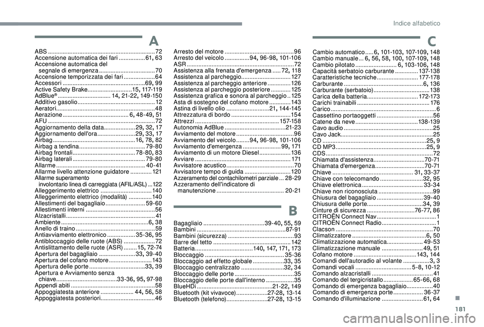 CITROEN C4 CACTUS 2019  Libretti Di Uso E manutenzione (in Italian) 181
ABS .................................................................72
Accensione automatica dei fari  ................61, 
63
Accensione automatica del  segnale di emergenza
 

.................