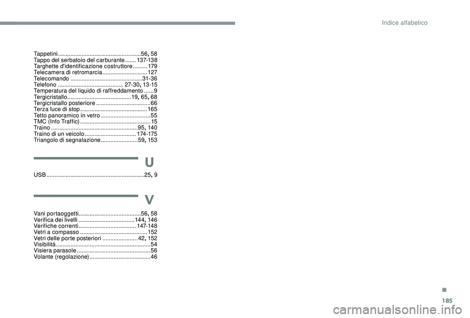 CITROEN C4 CACTUS 2019  Libretti Di Uso E manutenzione (in Italian) 185
U
USB ............................................................. 25, 9
Tappetini
 ....................................................
5
 6
, 58
Tappo del serbatoio del carburante   .......
137