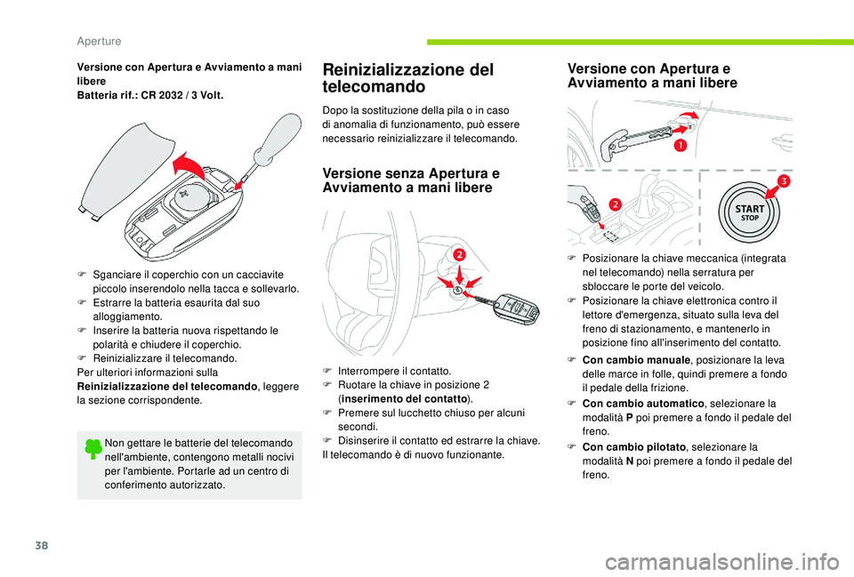CITROEN C4 CACTUS 2019 Libretti Di Uso E manutenzione (in Italian) 38
Versione con Aper tura e Avviamento a mani
libere
Batteria rif.: CR 2032 / 3 Volt.
F
S
ganciare il coperchio con un cacciavite
piccolo inserendolo nella tacca e sollevarlo.
F
E
strarre la ba CITROEN C4 CACTUS 2019 Libretti Di Uso E manutenzione (in Italian) 38
Versione con Aper tura e Avviamento a mani
libere
Batteria rif.: CR 2032 / 3 Volt.
F
S
ganciare il coperchio con un cacciavite
piccolo inserendolo nella tacca e sollevarlo.
F
E
strarre la ba