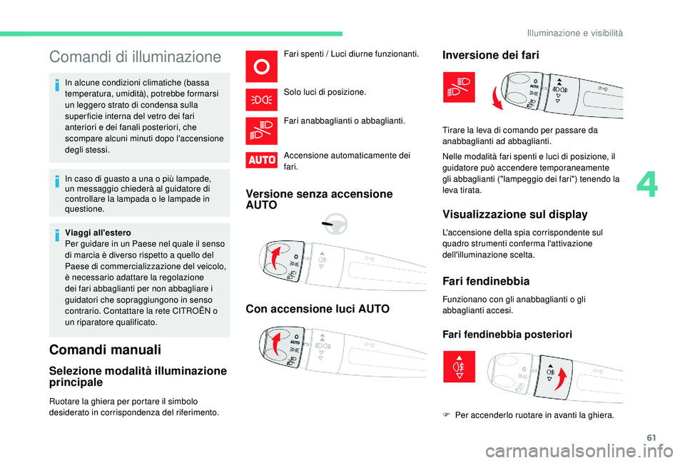 CITROEN C4 CACTUS 2019 Libretti Di Uso E manutenzione (in Italian) 61
Comandi di illuminazione
In alcune condizioni climatiche (bassa
temperatura, umidità ), potrebbe formarsi
un leggero strato di condensa sulla
super ficie interna del vetro dei fari
anteriori e CITROEN C4 CACTUS 2019 Libretti Di Uso E manutenzione (in Italian) 61
Comandi di illuminazione
In alcune condizioni climatiche (bassa
temperatura, umidità ), potrebbe formarsi
un leggero strato di condensa sulla
super ficie interna del vetro dei fari
anteriori e