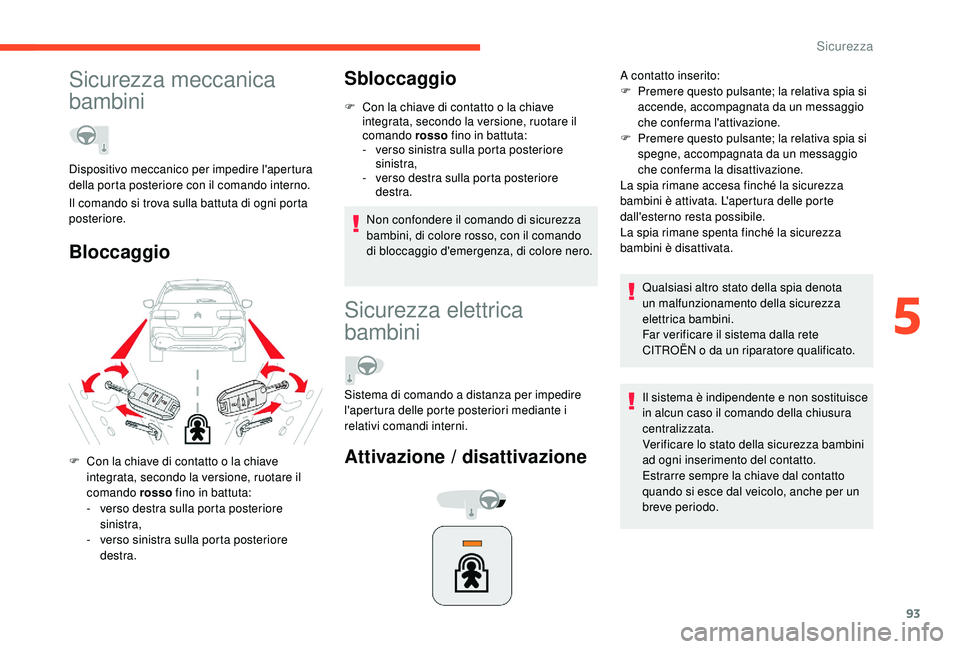 CITROEN C4 CACTUS 2019 Libretti Di Uso E manutenzione (in Italian) 93
Sicurezza meccanica
bambini
BloccaggioSbloccaggio
F Con la chiave di contatto o la chiave
integrata, secondo la versione, ruotare il
comando rosso fino in battuta:
-
v
erso sinistra sulla po CITROEN C4 CACTUS 2019 Libretti Di Uso E manutenzione (in Italian) 93
Sicurezza meccanica
bambini
BloccaggioSbloccaggio
F Con la chiave di contatto o la chiave
integrata, secondo la versione, ruotare il
comando rosso fino in battuta:
-
v
erso sinistra sulla po