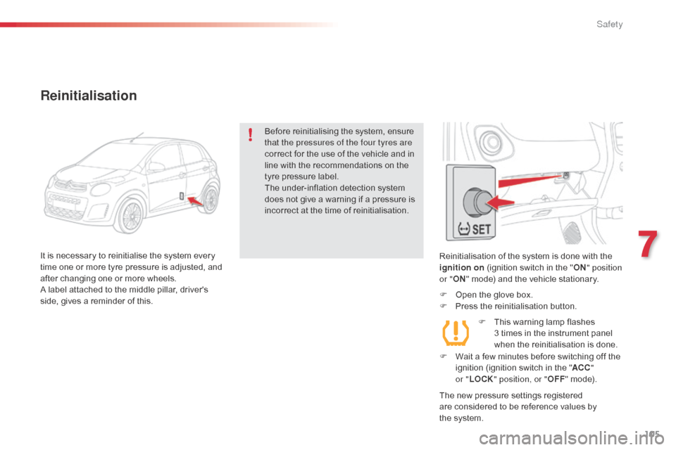 Citroen C1 RHD 2014 1.G Owners Manual 105
Reinitialisation of the system is done with the
ignition on (ignition switch in the " ON" position
or " ON" mode) and the vehicle stationary.
F
O
pen the glove box.
F
P
ress the reinitiali Citroen C1 RHD 2014 1.G Owners Manual 105
Reinitialisation of the system is done with the
ignition on (ignition switch in the " ON" position
or " ON" mode) and the vehicle stationary.
F
O
pen the glove box.
F
P
ress the reinitiali