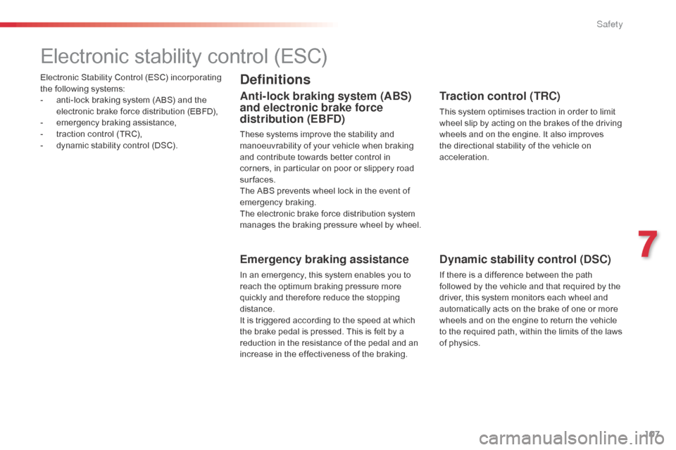 Citroen C1 RHD 2014 1.G Owners Manual 107
Electronic Stability Control (ESC) incorporating
the following systems:
-
a
nti-lock braking system (ABS) and the
electronic brake force distribution (EBFD),
-
em
ergency braking assistance, Citroen C1 RHD 2014 1.G Owners Manual 107
Electronic Stability Control (ESC) incorporating
the following systems:
-
a
nti-lock braking system (ABS) and the
electronic brake force distribution (EBFD),
-
em
ergency braking assistance,