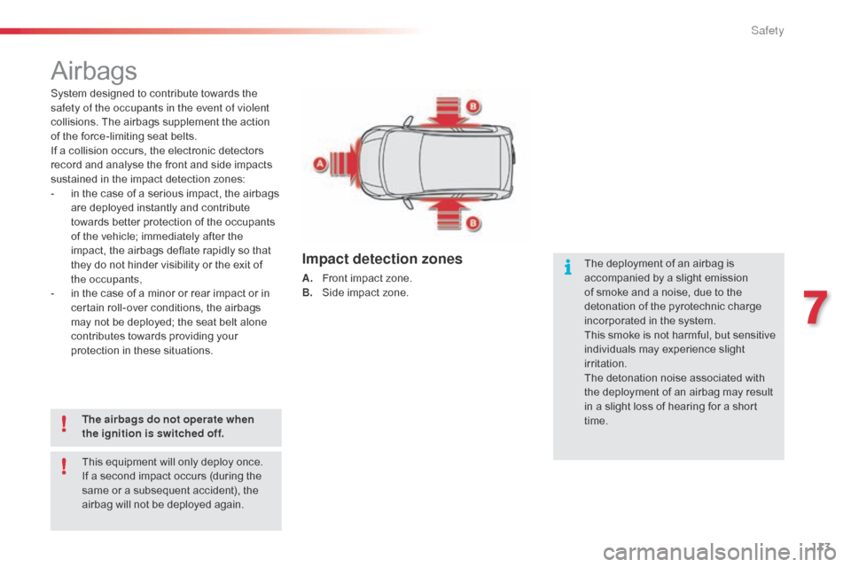 Citroen C1 RHD 2014 1.G Owners Manual 113
Airbags
System designed to contribute towards the
safety of the occupants in the event of violent
collisions. The airbags supplement the action
of the force-limiting seat belts.
If a collision Citroen C1 RHD 2014 1.G Owners Manual 113
Airbags
System designed to contribute towards the
safety of the occupants in the event of violent
collisions. The airbags supplement the action
of the force-limiting seat belts.
If a collision