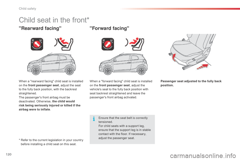 Citroen C1 RHD 2014 1.G Owners Manual 120
Child seat in the front*
"Rearward facing""Forward facing"
Passenger seat adjusted to the fully back
position.
Ensure that the seat belt is correctly
tensioned.
For child seats with a support le Citroen C1 RHD 2014 1.G Owners Manual 120
Child seat in the front*
"Rearward facing""Forward facing"
Passenger seat adjusted to the fully back
position.
Ensure that the seat belt is correctly
tensioned.
For child seats with a support le
