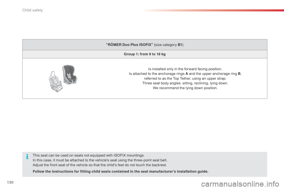 Citroen C1 RHD 2014 1.G Owners Manual 130
This seat can be used on seats not equipped with ISOFIX mountings.
In this case, it must be attached to the vehicles seat using the three-point seat belt.
Adjust the front seat of the vehicle so Citroen C1 RHD 2014 1.G Owners Manual 130
This seat can be used on seats not equipped with ISOFIX mountings.
In this case, it must be attached to the vehicles seat using the three-point seat belt.
Adjust the front seat of the vehicle so