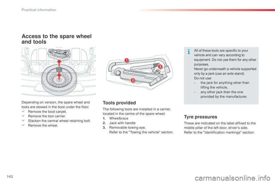 Citroen C1 RHD 2014 1.G Owners Manual 142
Access to the spare wheel
and tools
Tools provided
The following tools are installed in a carrier,
located in the centre of the spare wheel:
1.
Wheelbrace
2.
J
ack with handle
3.
R
emovabl Citroen C1 RHD 2014 1.G Owners Manual 142
Access to the spare wheel
and tools
Tools provided
The following tools are installed in a carrier,
located in the centre of the spare wheel:
1.
Wheelbrace
2.
J
ack with handle
3.
R
emovabl