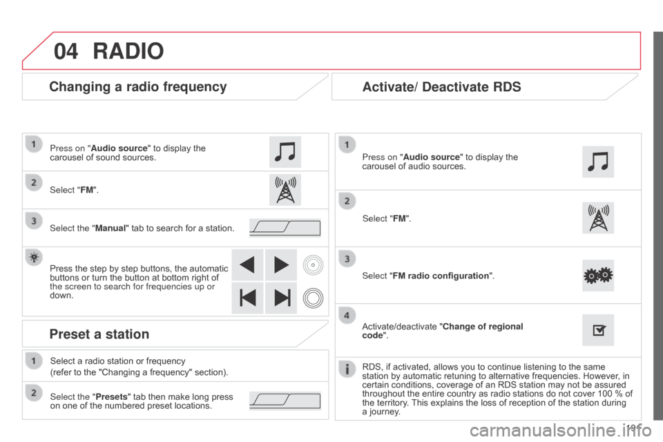 Citroen C1 RHD 2014 1.G Owners Manual 04
191
Changing a radio frequency
RADIO
Select "FM". Press on "Audio source" to display the
carousel of sound sources.
Select the "Manual" tab to search for a station.
Press the step by step buttons, Citroen C1 RHD 2014 1.G Owners Manual 04
191
Changing a radio frequency
RADIO
Select "FM". Press on "Audio source" to display the
carousel of sound sources.
Select the "Manual" tab to search for a station.
Press the step by step buttons,