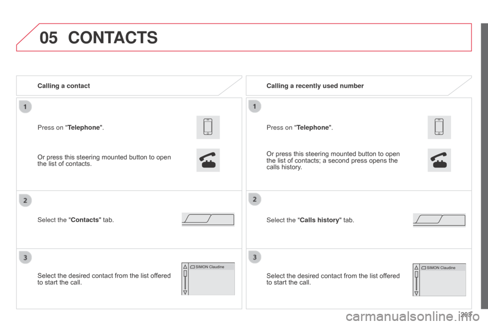Citroen C1 RHD 2014 1.G Owners Manual 05
203
Press on "Telephone". Calling a contact
Select the "Contacts" tab.
Select the desired contact from the list offered 
to start the call.
CONTACTS
Or press this steering mounted button to open 
t
