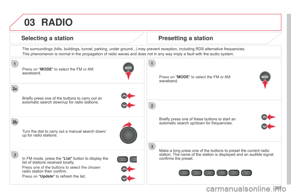 Citroen C1 RHD 2014 1.G Owners Manual 03
MODE
MODE
225
Press on "MODE" to select the FM or
a
M
waveband. The surroundings (hills, buildings, tunnel, parking, under ground...) may prevent reception, including RDS alternative frequencies Citroen C1 RHD 2014 1.G Owners Manual 03
MODE
MODE
225
Press on "MODE" to select the FM or
a
M
waveband. The surroundings (hills, buildings, tunnel, parking, under ground...) may prevent reception, including RDS alternative frequencies