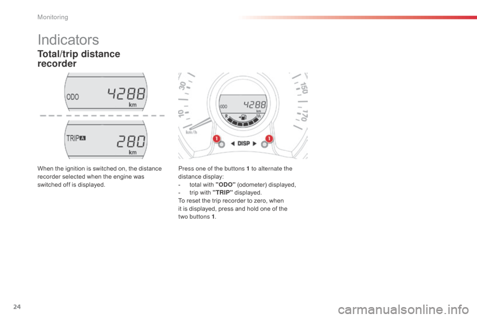 Citroen C1 RHD 2014 1.G Owners Guide 24
Indicators
Total/trip distance  
recorder
Press one of the buttons 1 to alternate the 
distance display:
- 
t
 otal with "ODO"  (odometer) displayed,
-
 
t
 rip with "TRIP"  displayed.
To reset the