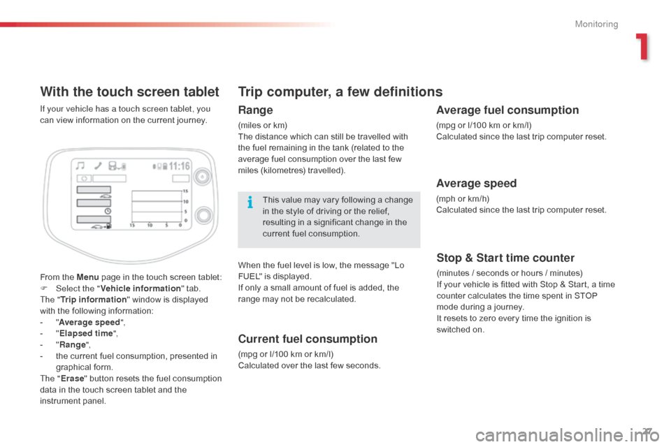 Citroen C1 RHD 2014 1.G Owners Guide 27
With the touch screen tablet
From the Menu page in the touch screen tablet:
F Sel ect the " Vehicle information " tab.
The " Trip information " window is displayed
with the following information: Citroen C1 RHD 2014 1.G Owners Guide 27
With the touch screen tablet
From the Menu page in the touch screen tablet:
F Sel ect the " Vehicle information " tab.
The " Trip information " window is displayed
with the following information: