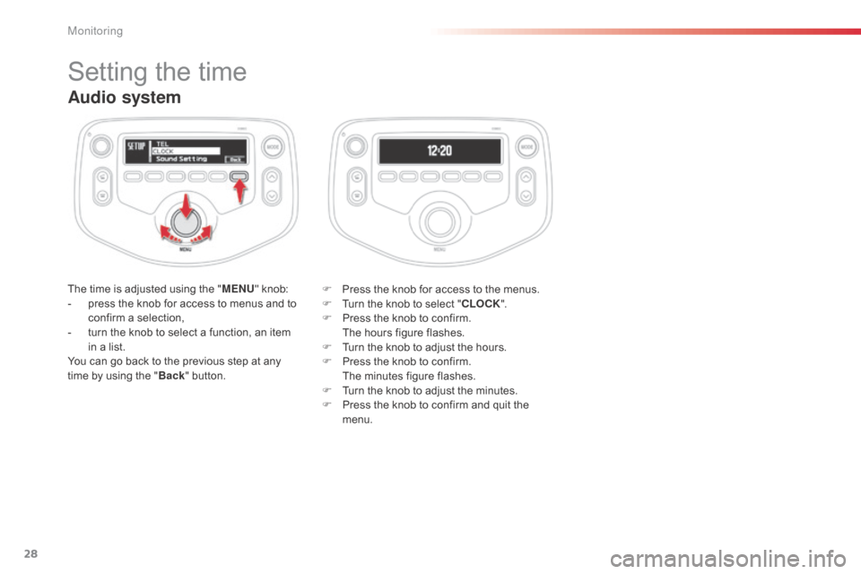 Citroen C1 RHD 2014 1.G Owners Guide 28
Audio system
The time is adjusted using the "MENU" knob:
-  p ress the knob for access to menus and to 
confirm a selection,
-
 
t
 urn the knob to select a function, an item 
in a list.
You can go