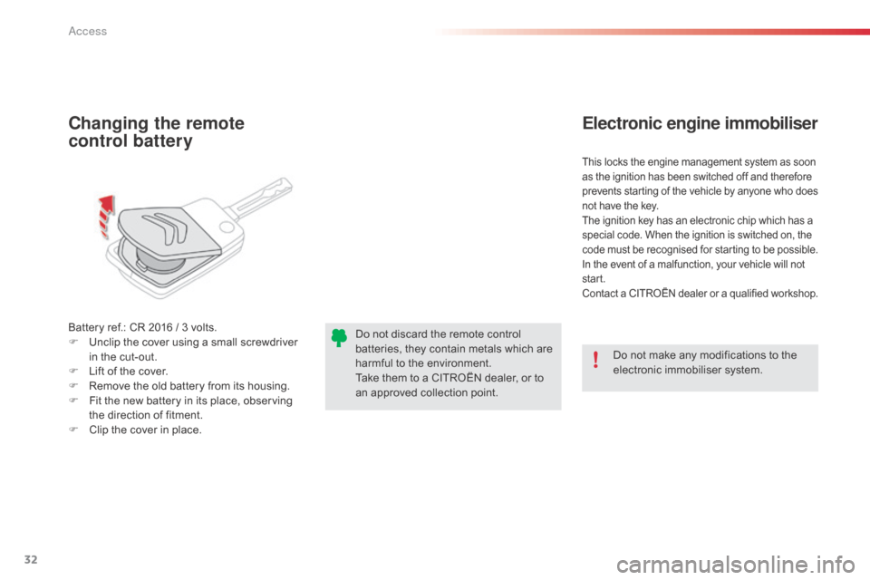 Citroen C1 RHD 2014 1.G Owners Guide 32
Battery ref.: CR 2016 / 3 volts.
F U nclip the cover using a small screwdriver
in the cut-out.
F
L
ift of the cover.
F
R
emove the old battery from its housing.
F
F
it the new battery in Citroen C1 RHD 2014 1.G Owners Guide 32
Battery ref.: CR 2016 / 3 volts.
F U nclip the cover using a small screwdriver
in the cut-out.
F
L
ift of the cover.
F
R
emove the old battery from its housing.
F
F
it the new battery in