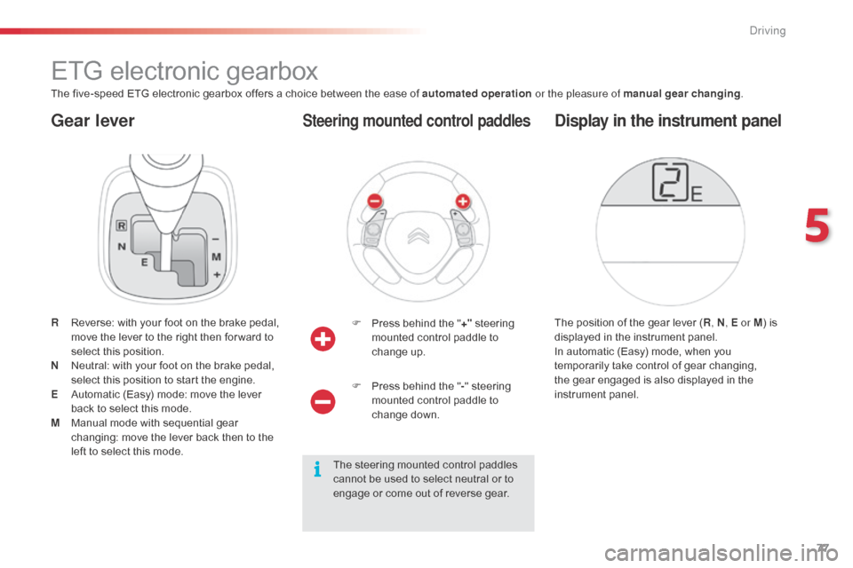 Citroen C1 RHD 2014 1.G Manual PDF 77
Gear lever
ETG electronic gearbox
The five-speed ETG electronic gearbox offers a choice between the ease of automated operation or the pleasure of manual gear changing.
R
R
everse: with your foo Citroen C1 RHD 2014 1.G Manual PDF 77
Gear lever
ETG electronic gearbox
The five-speed ETG electronic gearbox offers a choice between the ease of automated operation or the pleasure of manual gear changing.
R
R
everse: with your foo