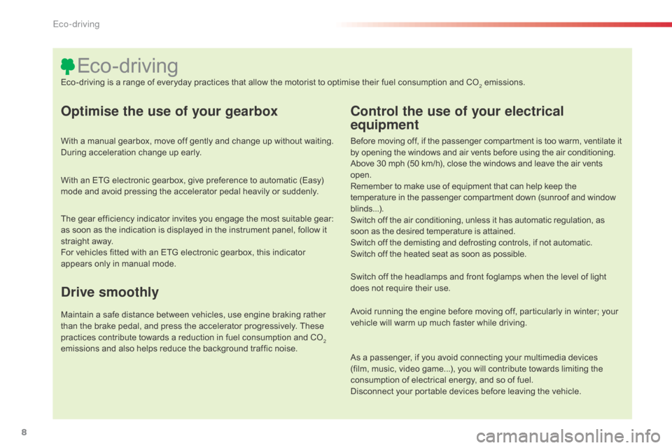 Citroen C1 RHD 2014 1.G Owners Manual 8
Optimise the use of your gearbox
With a manual gearbox, move off gently and change up without waiting. 
During acceleration change up early.
With an ETG electronic gearbox, give preference to automa