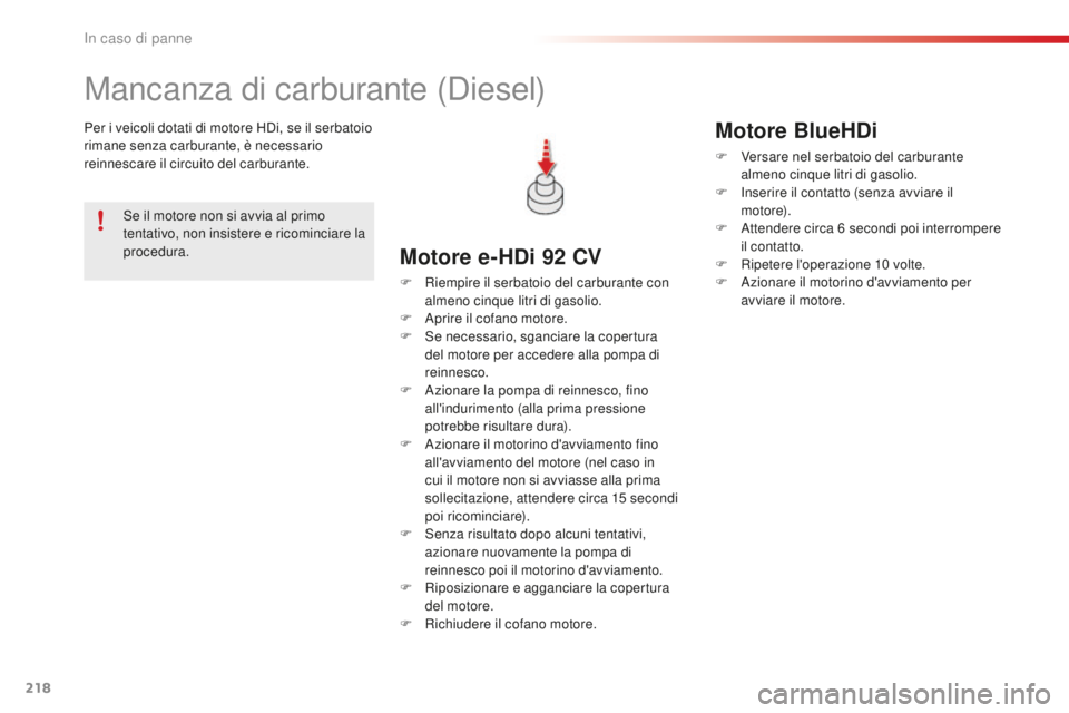 CITROEN C4 CACTUS 2018 Libretti Di Uso E manutenzione (in Italian) 218
C4-cactus_it_Chap08_En-cas-de-panne_ed01-2016
Mancanza di carburante (Diesel)
Per i veicoli dotati di motore HDi, se il serbatoio
rimane senza carburante, è necessario
reinnescare il circuito d CITROEN C4 CACTUS 2018 Libretti Di Uso E manutenzione (in Italian) 218
C4-cactus_it_Chap08_En-cas-de-panne_ed01-2016
Mancanza di carburante (Diesel)
Per i veicoli dotati di motore HDi, se il serbatoio
rimane senza carburante, è necessario
reinnescare il circuito d