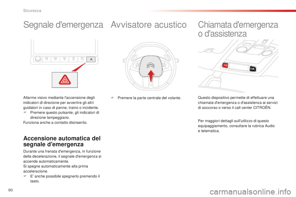 CITROEN C4 CACTUS 2018 Libretti Di Uso E manutenzione (in Italian) 90
C4-cactus_it_Chap05_securite_ed01-2016
Segnale d'emergenza
Allarme visivo mediante l'accensione degli
indicatori di direzione per avvertire gli altri
guidatori in caso di panne, traino o CITROEN C4 CACTUS 2018 Libretti Di Uso E manutenzione (in Italian) 90
C4-cactus_it_Chap05_securite_ed01-2016
Segnale d'emergenza
Allarme visivo mediante l'accensione degli
indicatori di direzione per avvertire gli altri
guidatori in caso di panne, traino o