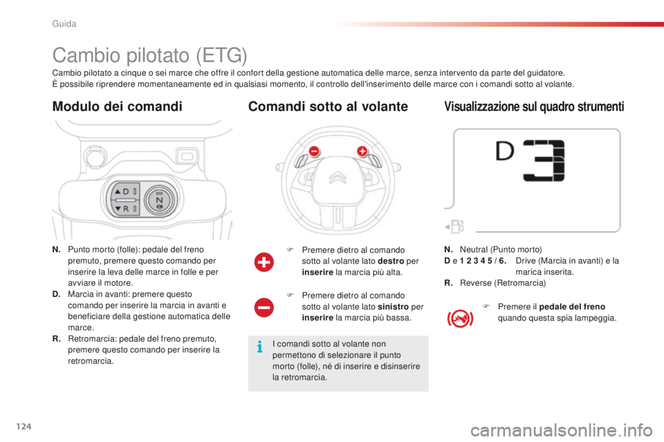 CITROEN C4 CACTUS 2016 Libretti Di Uso E manutenzione (in Italian) 124
C4-cactus_it_Chap06_conduite_ed01-2015
Cambio pilotato (ETG)
N. Punto morto (folle): pedale del freno premuto, premere questo comando per
inserire la leva delle marce in folle e per
avviare il m CITROEN C4 CACTUS 2016 Libretti Di Uso E manutenzione (in Italian) 124
C4-cactus_it_Chap06_conduite_ed01-2015
Cambio pilotato (ETG)
N. Punto morto (folle): pedale del freno premuto, premere questo comando per
inserire la leva delle marce in folle e per
avviare il m