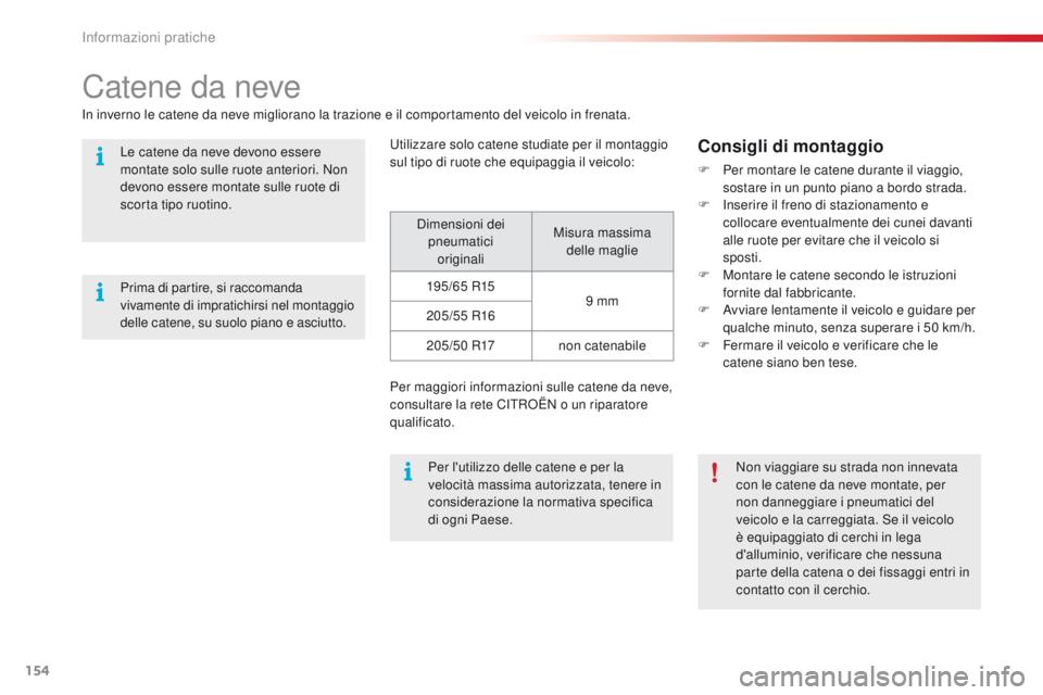 CITROEN C4 CACTUS 2016 Libretti Di Uso E manutenzione (in Italian) 154
C4-cactus_it_Chap07_info-pratiques_ed01-2015
Catene da neve
In inverno le catene da neve migliorano la trazione e il comportamento del veicolo in frenata.Utilizzare solo catene studiate per il mon CITROEN C4 CACTUS 2016 Libretti Di Uso E manutenzione (in Italian) 154
C4-cactus_it_Chap07_info-pratiques_ed01-2015
Catene da neve
In inverno le catene da neve migliorano la trazione e il comportamento del veicolo in frenata.Utilizzare solo catene studiate per il mon