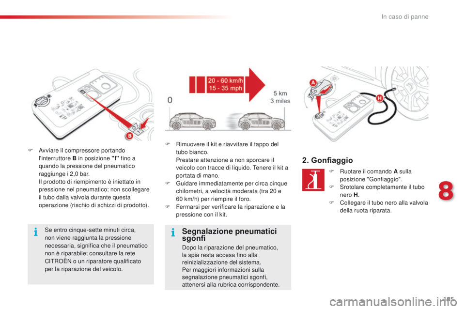 CITROEN C4 CACTUS 2016 Libretti Di Uso E manutenzione (in Italian) 185
C4-cactus_it_Chap08_En-cas-de-panne_ed01-2015
F Avviare il compressore portando l'interruttore B in posizione "I" fino a
quando la pressione del pneumatico
raggiunge i 2,0 bar.
I
CITROEN C4 CACTUS 2016 Libretti Di Uso E manutenzione (in Italian) 185
C4-cactus_it_Chap08_En-cas-de-panne_ed01-2015
F Avviare il compressore portando l'interruttore B in posizione "I" fino a
quando la pressione del pneumatico
raggiunge i 2,0 bar.
I