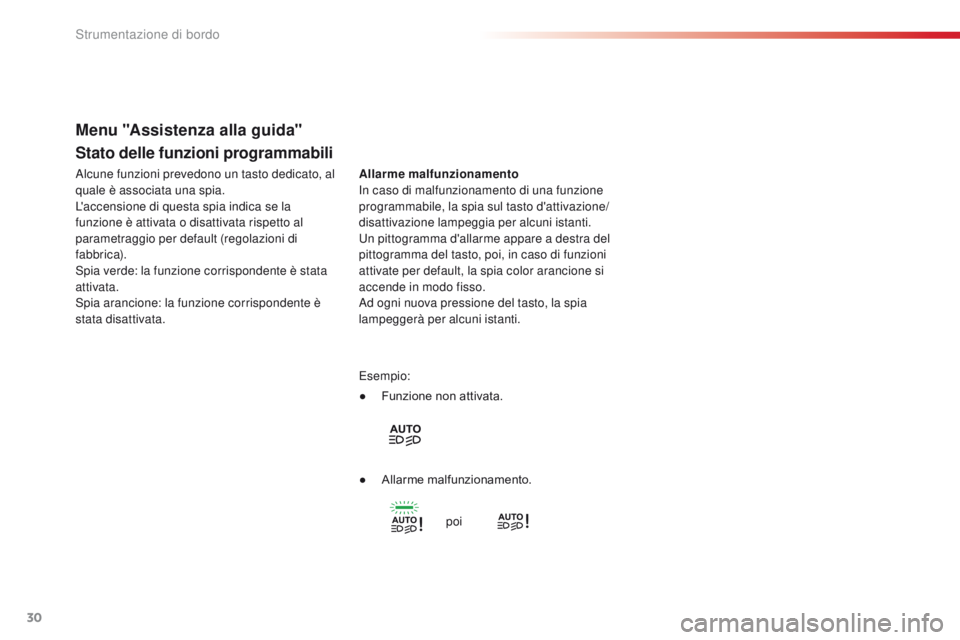 CITROEN C4 CACTUS 2016  Libretti Di Uso E manutenzione (in Italian) 30
C4-cactus_it_Chap01_Instruments-de-bord_ed01-2015
Stato delle funzioni programmabili
Allarme malfunzionamento
In caso di malfunzionamento di una funzione 
programmabile, la spia sul tasto d'att
