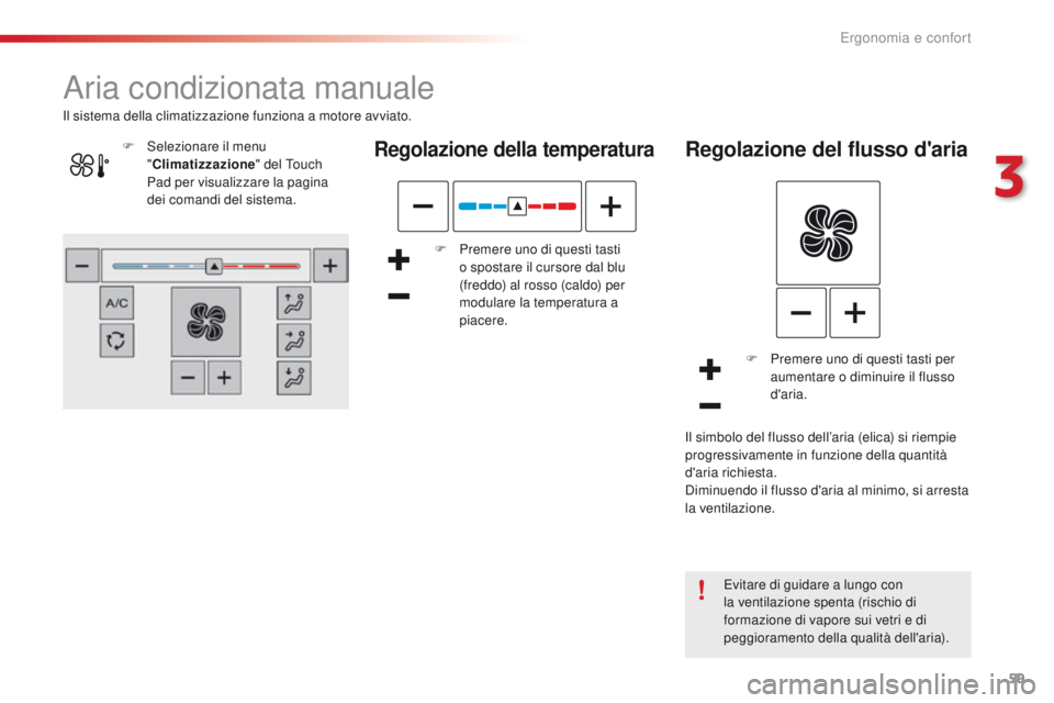 CITROEN C4 CACTUS 2016 Libretti Di Uso E manutenzione (in Italian) 59
C4-cactus_it_Chap03_Ergonomie-et-confort_ed01-2015
Aria condizionata manuale
Regolazione della temperatura
F Premere uno di questi tasti o spostare il cursore dal blu
(freddo) al rosso (caldo) per CITROEN C4 CACTUS 2016 Libretti Di Uso E manutenzione (in Italian) 59
C4-cactus_it_Chap03_Ergonomie-et-confort_ed01-2015
Aria condizionata manuale
Regolazione della temperatura
F Premere uno di questi tasti o spostare il cursore dal blu
(freddo) al rosso (caldo) per