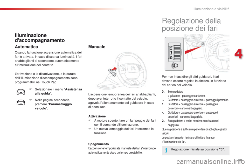 CITROEN C4 CACTUS 2016 Libretti Di Uso E manutenzione (in Italian) 83
C4-cactus_it_Chap04_Eclairage-et-visibilite_ed01-2015
Attivazione
F A m otore spento, fare un lampeggio dei fari
con il comando d'illuminazione.
F
U
n nuovo lampeggio dei fari interrompe la CITROEN C4 CACTUS 2016 Libretti Di Uso E manutenzione (in Italian) 83
C4-cactus_it_Chap04_Eclairage-et-visibilite_ed01-2015
Attivazione
F A m otore spento, fare un lampeggio dei fari
con il comando d'illuminazione.
F
U
n nuovo lampeggio dei fari interrompe la