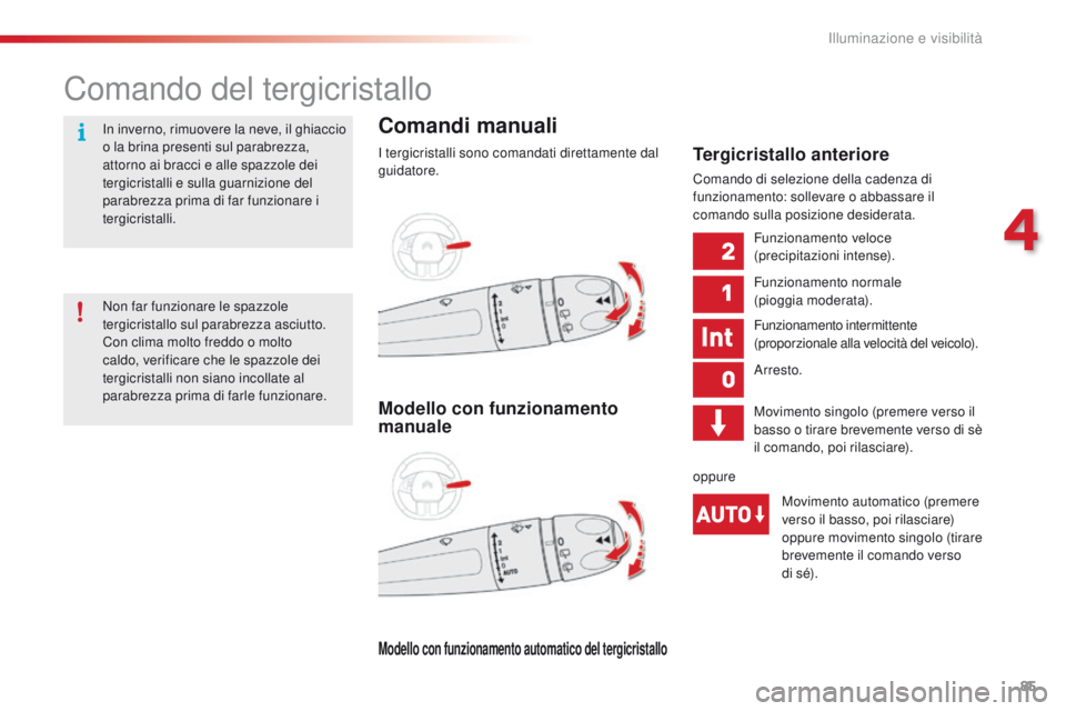 CITROEN C4 CACTUS 2016 Libretti Di Uso E manutenzione (in Italian) 85
C4-cactus_it_Chap04_Eclairage-et-visibilite_ed01-2015
Comando del tergicristallo
Comandi manuali
I tergicristalli sono comandati direttamente dal
guidatore.
Modello con funzionamento automatico de CITROEN C4 CACTUS 2016 Libretti Di Uso E manutenzione (in Italian) 85
C4-cactus_it_Chap04_Eclairage-et-visibilite_ed01-2015
Comando del tergicristallo
Comandi manuali
I tergicristalli sono comandati direttamente dal
guidatore.
Modello con funzionamento automatico de