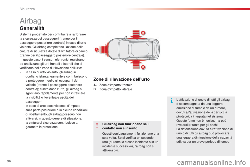 CITROEN C4 CACTUS 2016 Libretti Di Uso E manutenzione (in Italian) 96
C4-cactus_it_Chap05_securite_ed01-2015
Airbag
Generalità
Sistema progettato per contribuire a rafforzare
la sicurezza dei passeggeri (tranne per il
passeggero posteriore centrale) in caso di urt CITROEN C4 CACTUS 2016 Libretti Di Uso E manutenzione (in Italian) 96
C4-cactus_it_Chap05_securite_ed01-2015
Airbag
Generalità
Sistema progettato per contribuire a rafforzare
la sicurezza dei passeggeri (tranne per il
passeggero posteriore centrale) in caso di urt