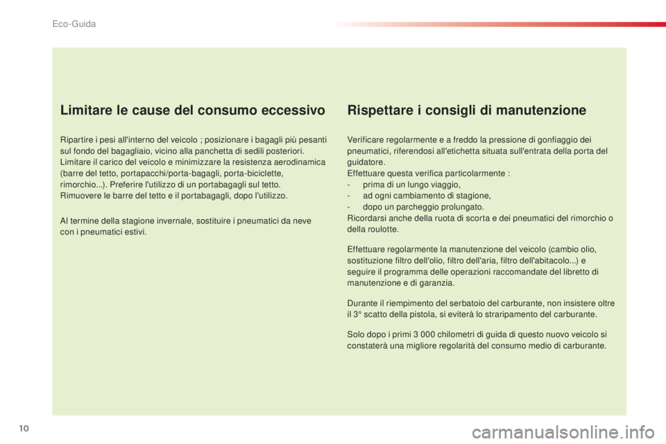 CITROEN C4 CACTUS 2015 Libretti Di Uso E manutenzione (in Italian) 10
C4-cactus_it_Chap00c_eco-conduite_ed02-2014
Limitare le cause del consumo eccessivo
Ripartire i pesi all'interno del veicolo ; posizionare i bagagli più pesanti
sul fondo del bagagliaio, vici CITROEN C4 CACTUS 2015 Libretti Di Uso E manutenzione (in Italian) 10
C4-cactus_it_Chap00c_eco-conduite_ed02-2014
Limitare le cause del consumo eccessivo
Ripartire i pesi all'interno del veicolo ; posizionare i bagagli più pesanti
sul fondo del bagagliaio, vici