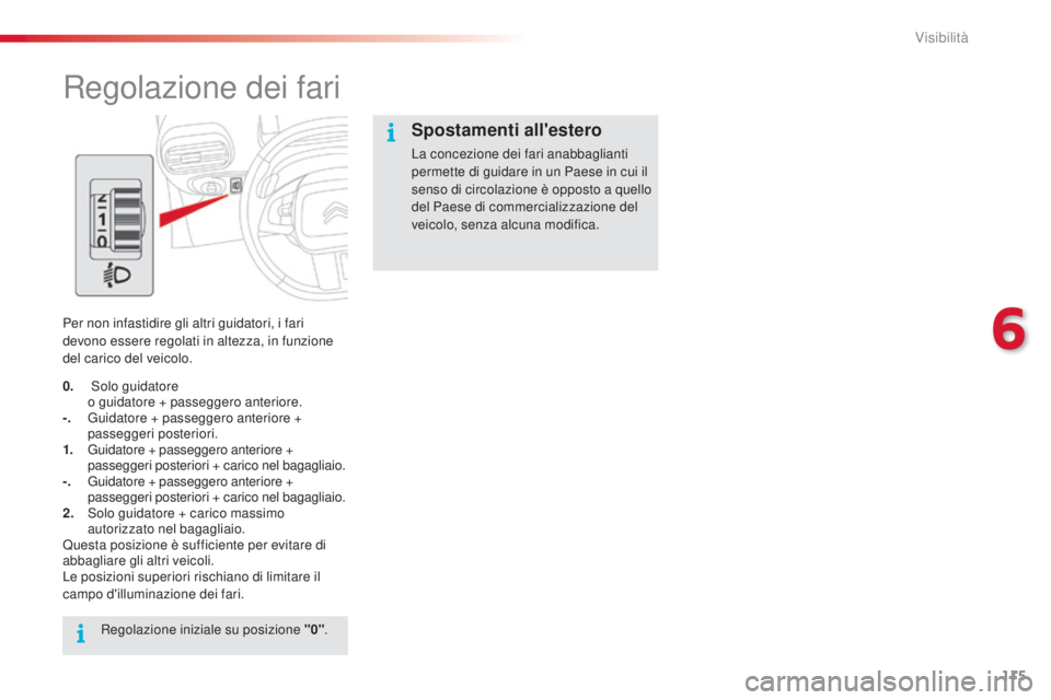 CITROEN C4 CACTUS 2015 Libretti Di Uso E manutenzione (in Italian) 115
C4-cactus_it_Chap06_visibilite_ed02-2014
Regolazione dei fari
Per non infastidire gli altri guidatori, i fari
devono essere regolati in altezza, in funzione
del carico del veicolo.Regolazione in CITROEN C4 CACTUS 2015 Libretti Di Uso E manutenzione (in Italian) 115
C4-cactus_it_Chap06_visibilite_ed02-2014
Regolazione dei fari
Per non infastidire gli altri guidatori, i fari
devono essere regolati in altezza, in funzione
del carico del veicolo.Regolazione in