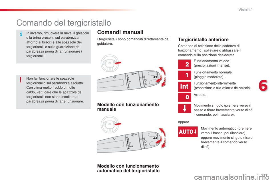 CITROEN C4 CACTUS 2015 Libretti Di Uso E manutenzione (in Italian) 117
C4-cactus_it_Chap06_visibilite_ed02-2014
Comando del tergicristallo
Comandi manuali
i tergicristalli sono comandati direttamente dal
gu idatore.
Modello con funzionamento
automatico del tergicri CITROEN C4 CACTUS 2015 Libretti Di Uso E manutenzione (in Italian) 117
C4-cactus_it_Chap06_visibilite_ed02-2014
Comando del tergicristallo
Comandi manuali
i tergicristalli sono comandati direttamente dal
gu idatore.
Modello con funzionamento
automatico del tergicri