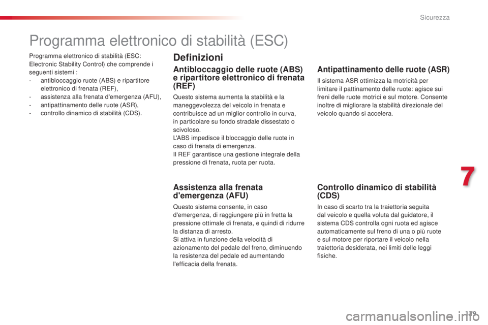 CITROEN C4 CACTUS 2015  Libretti Di Uso E manutenzione (in Italian) 129
C4-cactus_it_Chap07_securite_ed02-2014
Programma elettronico di stabilità (EsC: 
Electronic  st ability Control) che comprende i 
seguenti sistemi :
-
 an

tibloccaggio ruote (
aBs)
  e ripartito