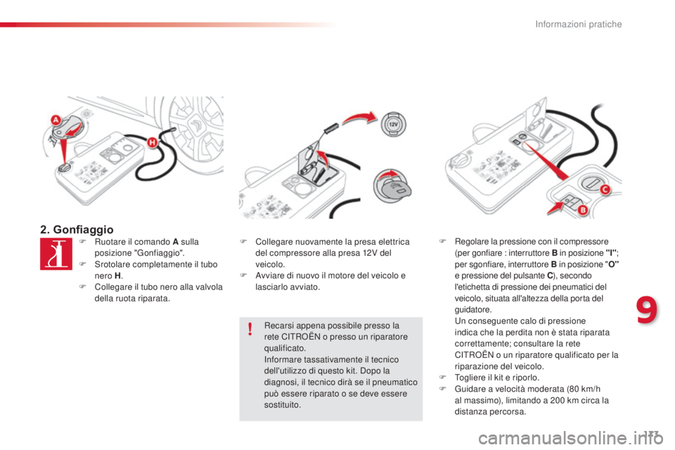 CITROEN C4 CACTUS 2015 Libretti Di Uso E manutenzione (in Italian) 173
C4-cactus_it_Chap09_info-pratiques_ed02-2014
2. GonfiaggioF Ruotare il comando A sulla posizione "Gonfiaggio".
F
s
r
otolare completamente il tubo
nero H .
F
C
ollegare il tubo nero CITROEN C4 CACTUS 2015 Libretti Di Uso E manutenzione (in Italian) 173
C4-cactus_it_Chap09_info-pratiques_ed02-2014
2. GonfiaggioF Ruotare il comando A sulla posizione "Gonfiaggio".
F
s
r
otolare completamente il tubo
nero H .
F
C
ollegare il tubo nero