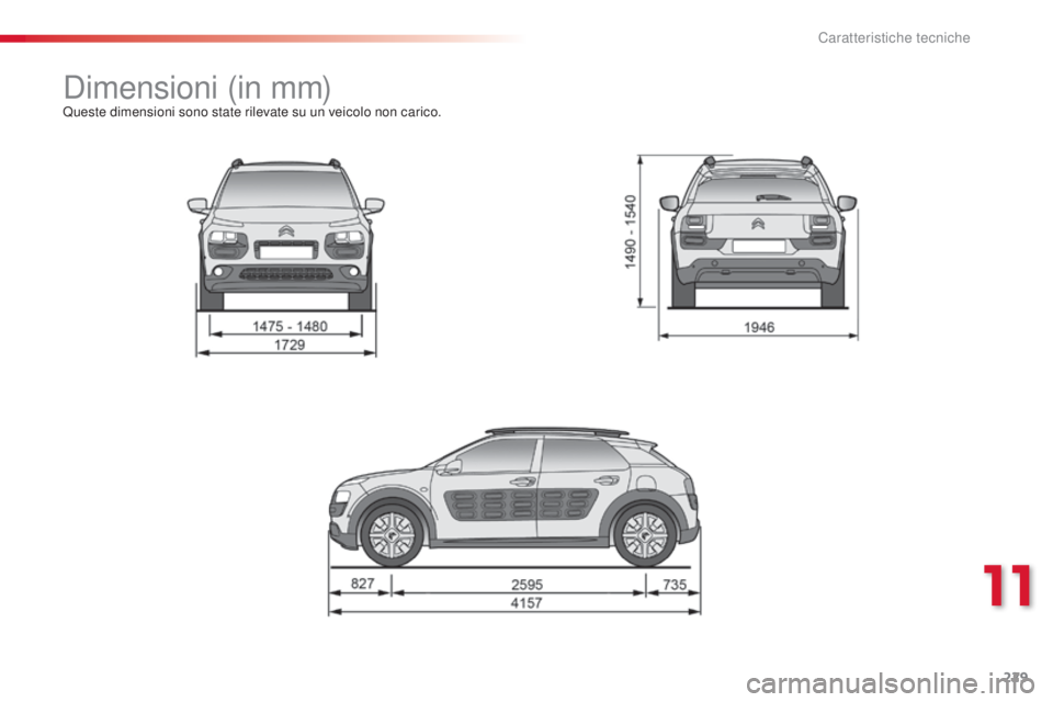 CITROEN C4 CACTUS 2015 Libretti Di Uso E manutenzione (in Italian) 229
C4-cactus_it_Chap11_caracteristiques-techniques_ed02-2014
dimensioni (in mm)Queste dimensioni sono state rilevate su un veicolo non carico.
11
Caratteristiche tecniche CITROEN C4 CACTUS 2015 Libretti Di Uso E manutenzione (in Italian) 229
C4-cactus_it_Chap11_caracteristiques-techniques_ed02-2014
dimensioni (in mm)Queste dimensioni sono state rilevate su un veicolo non carico.
11
Caratteristiche tecniche